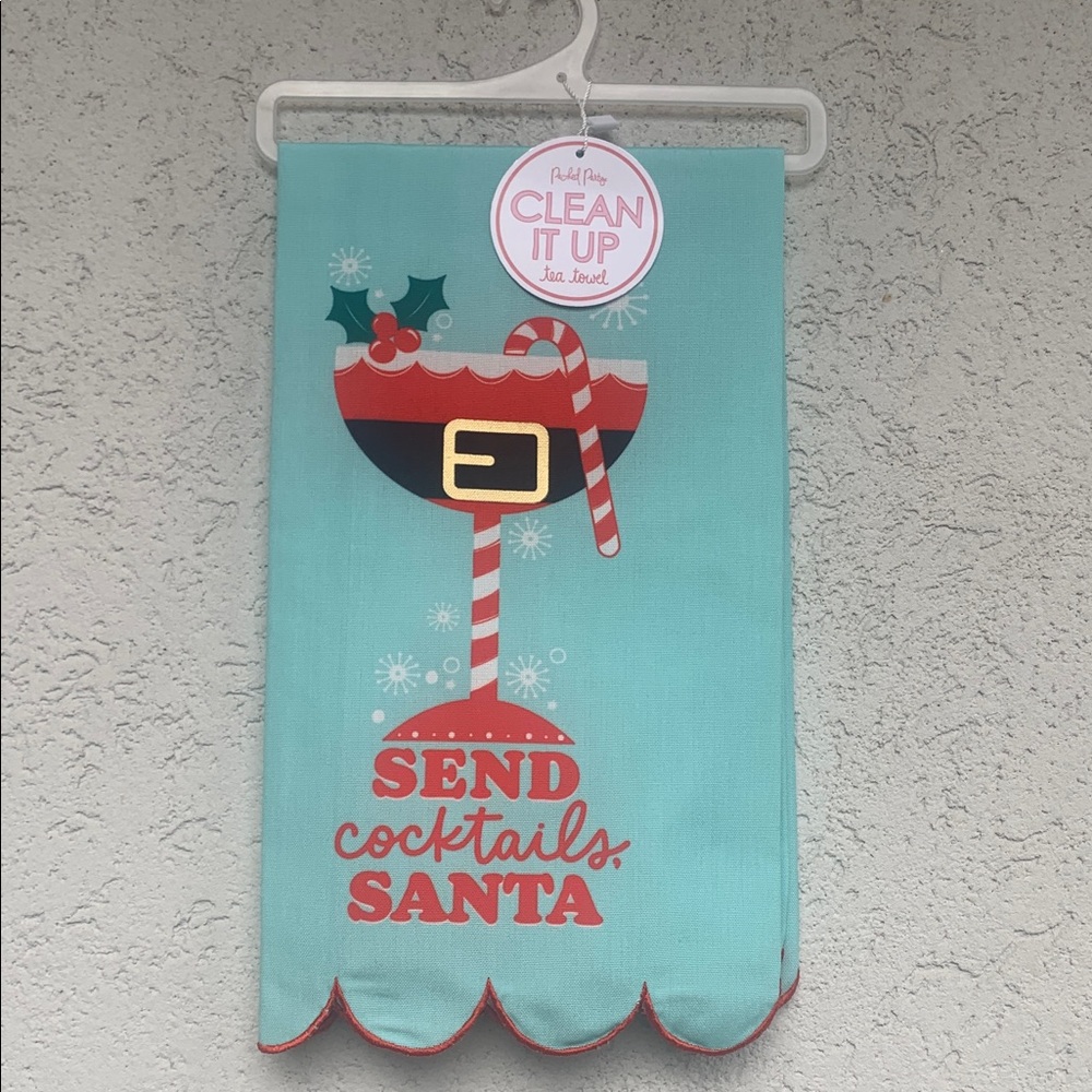 “Send Cocktails, Santa” Festive Holiday Kitchen Towel. blue with red and white